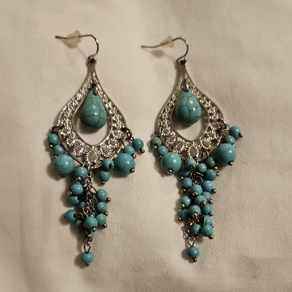 Faux Silver and Turquoise Bead Chandelier Earrings